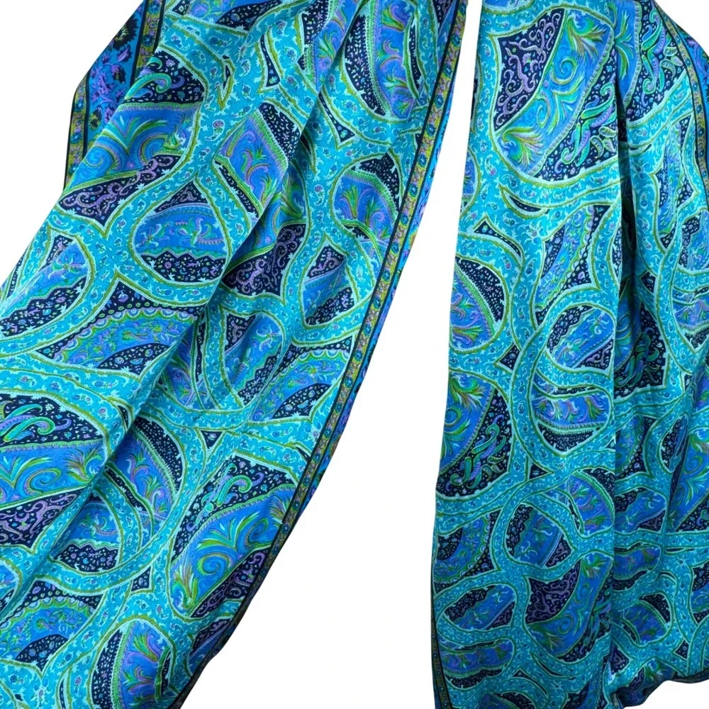Teal‎ Turquoise Paisley Satin Wrap Scarf Bohemian Floral Border Shawl Stole